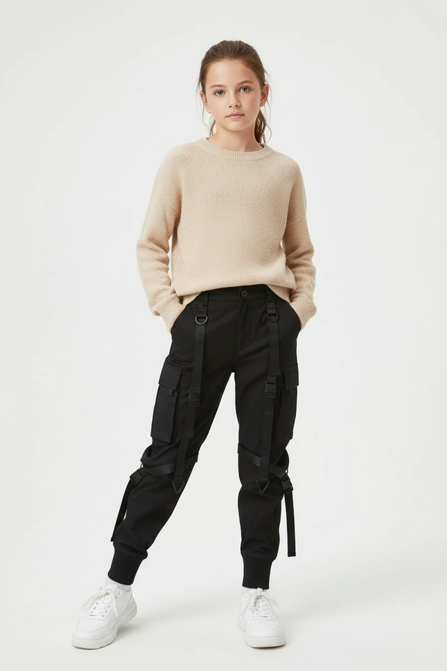 Pantalon Cargo Noir Décontracté Sangles Fille Urbain - Toile