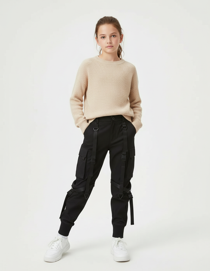 Pantalon Cargo Noir Décontracté Sangles Fille Urbain - Toile