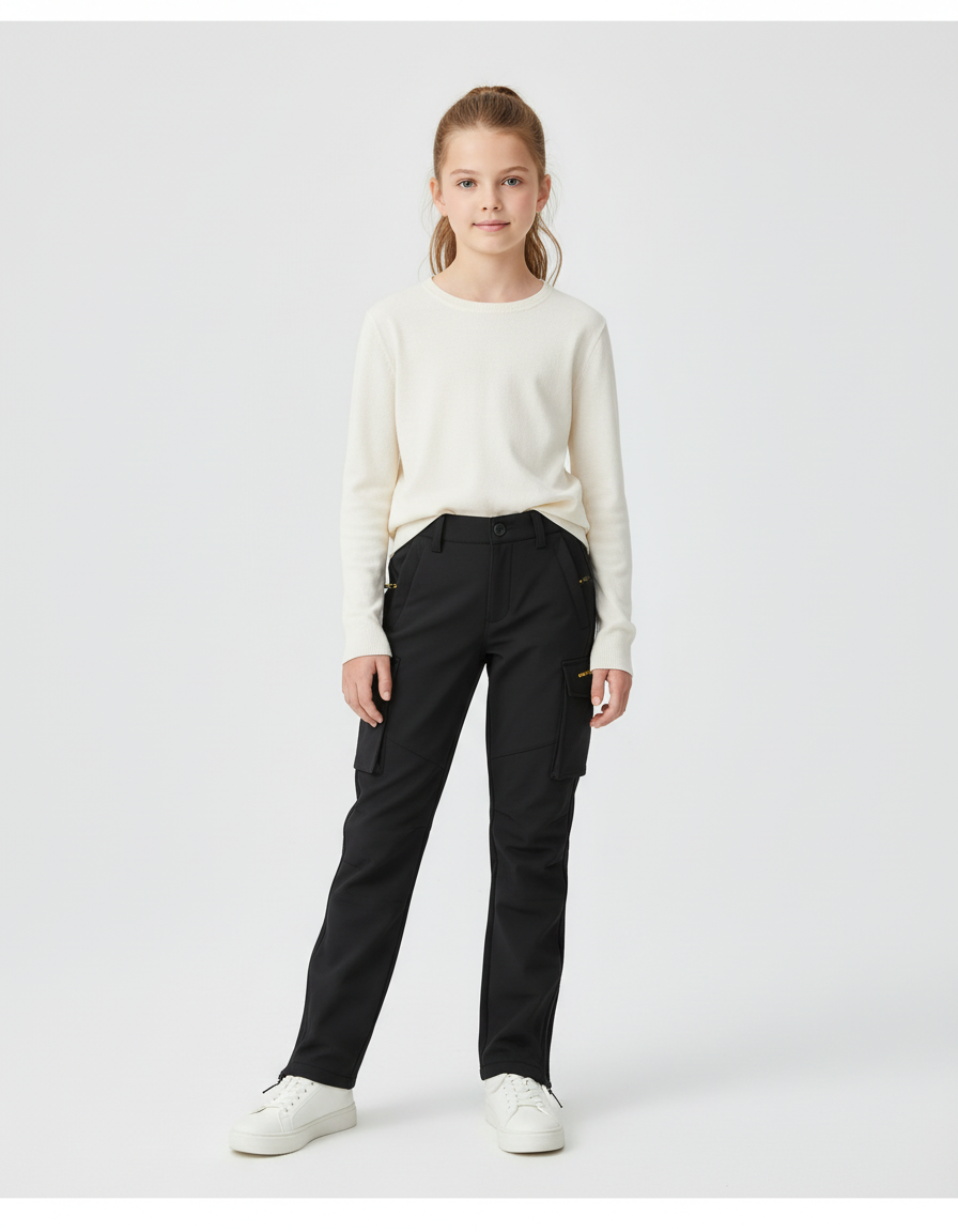 Pantalon Cargo Noir Coupe Droite Décontracté Enfant - Polyester