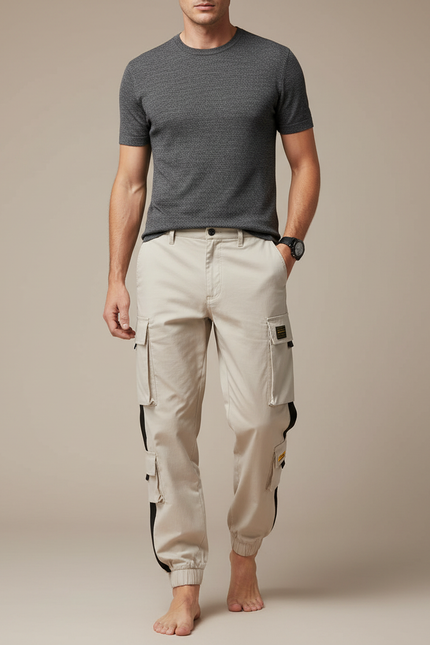 Pantalon Cargo Beige Bandes Noires Multipoches Jogger - Toile