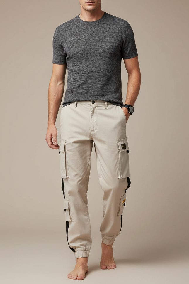 Pantalon Cargo Beige Bandes Noires Multipoches Jogger - Toile