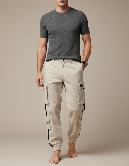 Pantalon Cargo Beige Bandes Noires Multipoches Jogger - Toile