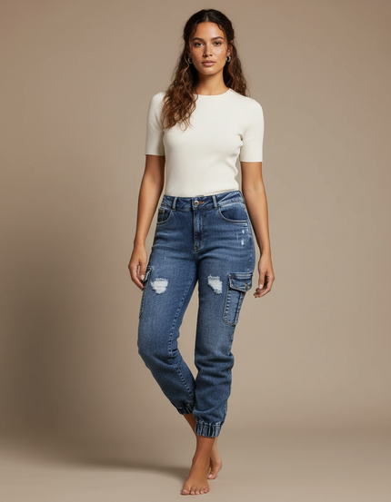 Pantalon Cargo Jean Bleu Délavé Taille Haute Femme