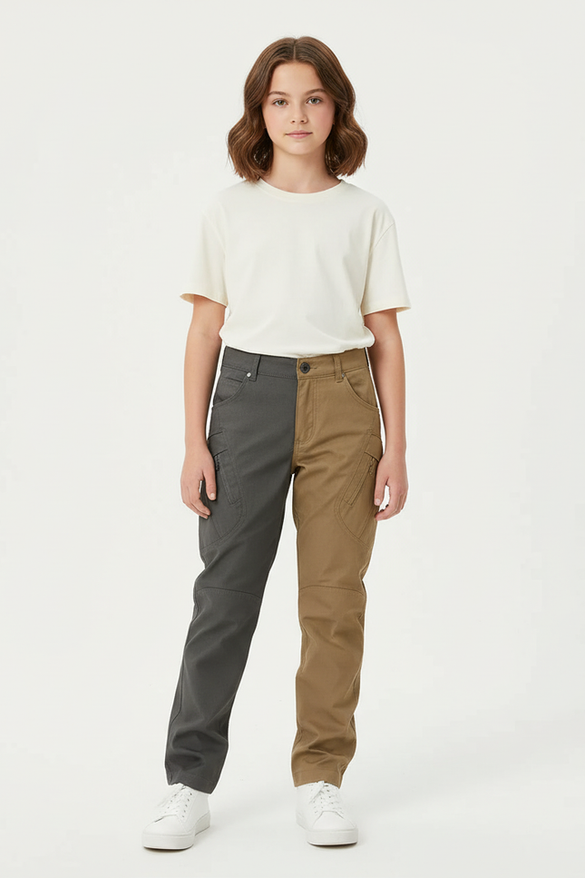 Pantalon Cargo Bicolore Ample Fille Multipoches - Multicolore Coton