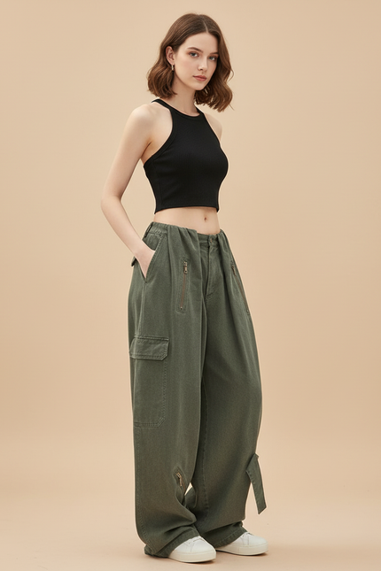 Pantalon Cargo Vert Ample Multi-Poches Décontracté - Kaki Toile