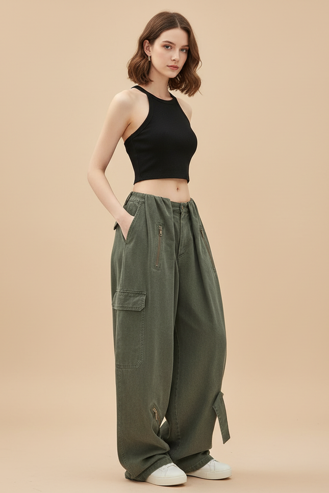 Pantalon Cargo Vert Ample Multi-Poches Décontracté - Kaki Toile