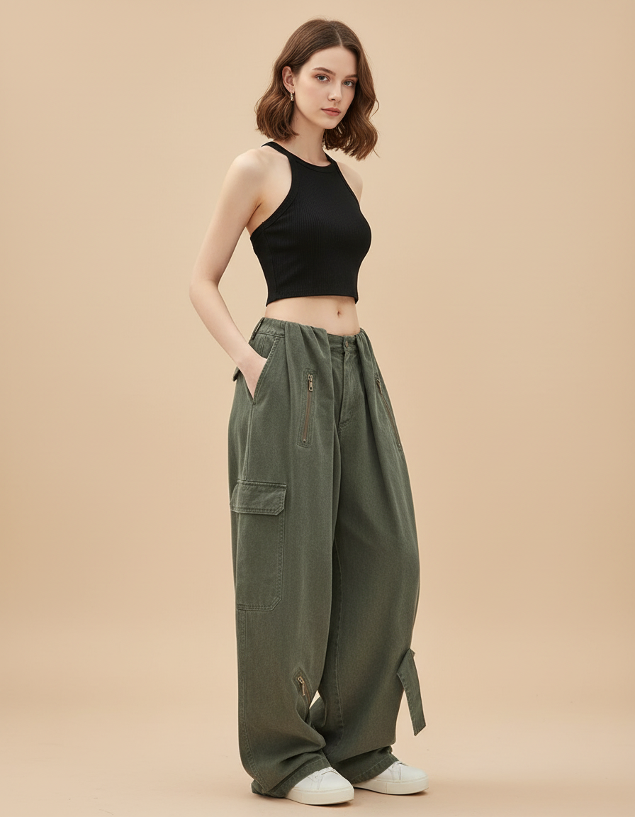 Pantalon Cargo Vert Ample Multi-Poches Décontracté - Kaki Toile