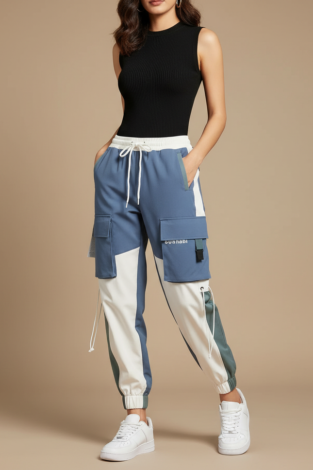 Pantalon Cargo Bicolore Décontracté Jogger Multipoches Femme - Multicolore Polyester