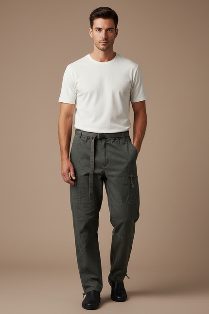 Pantalon Cargo Homme Vert Militaire Ample Décontracté - Kaki Toile