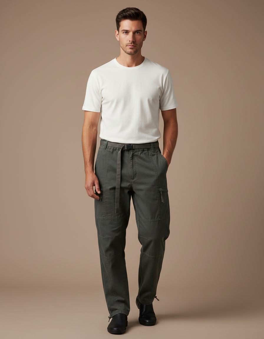 Pantalon Cargo Homme Vert Militaire Ample Décontracté - Kaki Toile