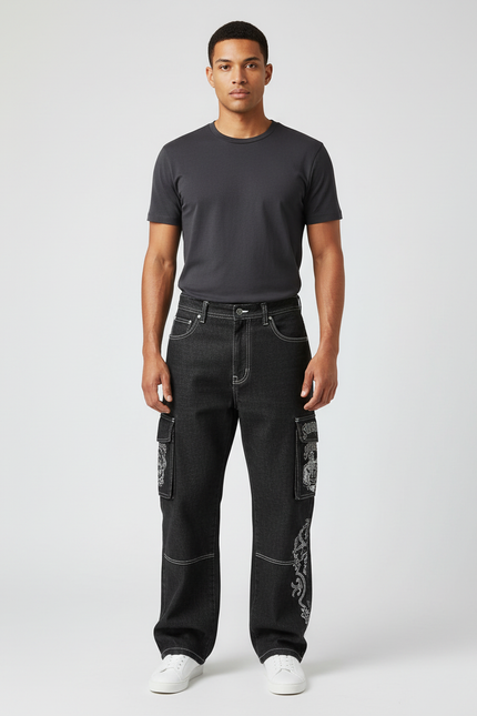 Pantalon Cargo Noir Décontracté Ample Imprimé Y2K - Jean