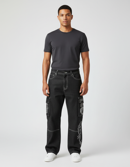Pantalon Cargo Noir Décontracté Ample Imprimé Y2K - Jean