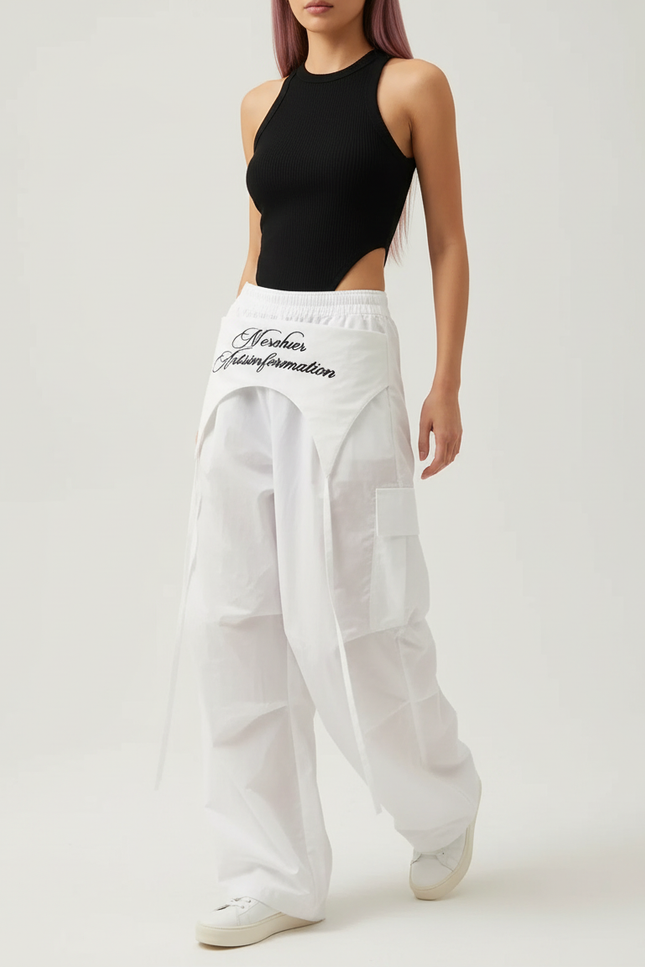 Pantalon Cargo Blanc Ample Brodé Streetwear Femme - Toile