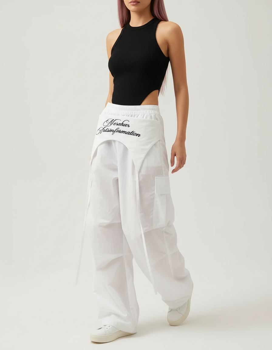 Pantalon Cargo Blanc Ample Brodé Streetwear Femme - Toile