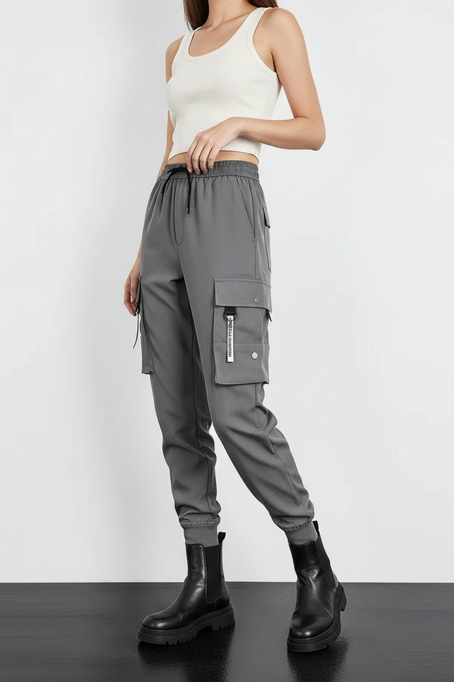 Pantalon Cargo Gris Femme Multipoches Cordon Décontracté - Polyester