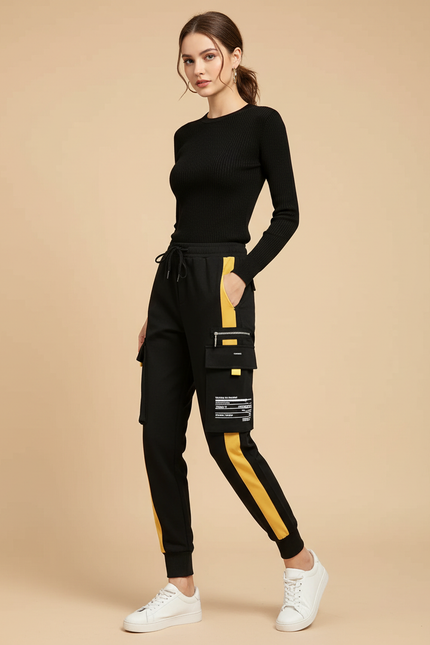 Pantalon Cargo Noir Jaune Streetwear Femme Ample - Molleton