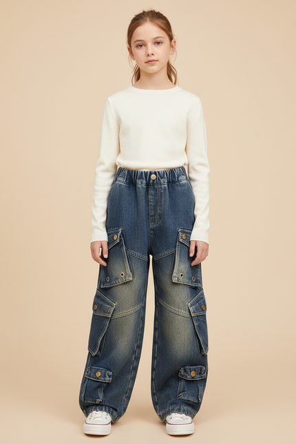 Pantalon Cargo Jean Ample Multipoches Délavé Fille - Bleu