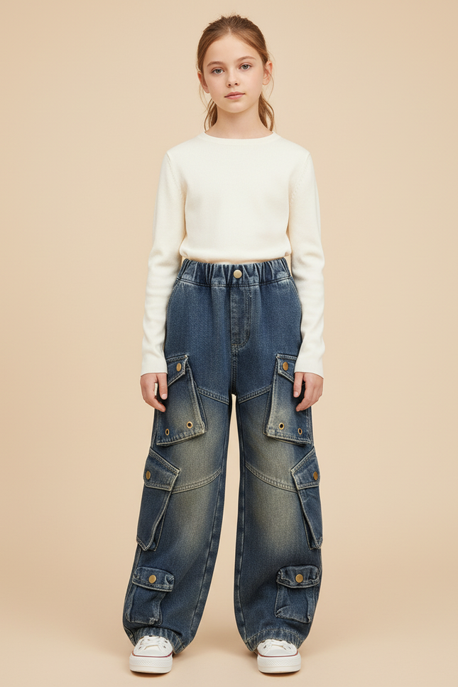 Pantalon Cargo Jean Ample Multipoches Délavé Fille - Bleu