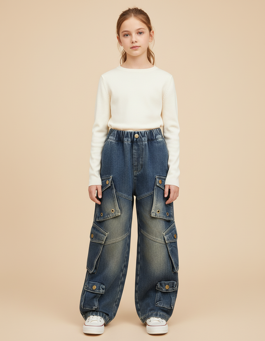 Pantalon Cargo Jean Ample Multipoches Délavé Fille - Bleu