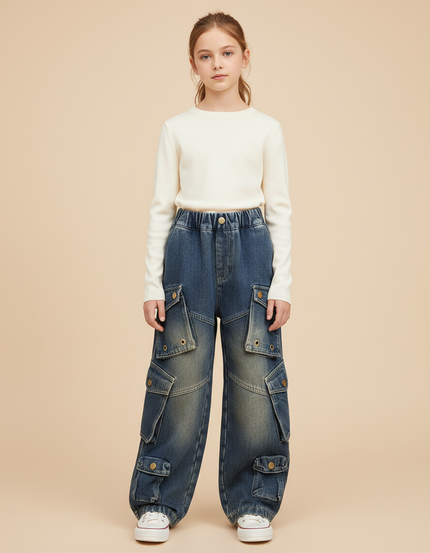 Pantalon Cargo Jean Ample Multipoches Délavé Fille - Bleu