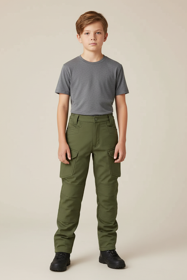 Pantalon Cargo Vert Militaire Enfant Multipoches Résistant - Kaki Toile