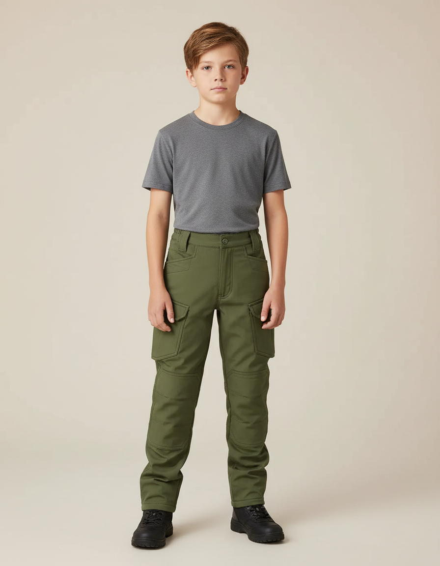 Pantalon Cargo Vert Militaire Enfant Multipoches Résistant - Kaki Toile