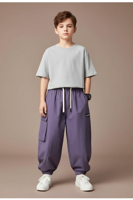 Pantalon Cargo Violet Ample Poches Garçon Casual - Polyester