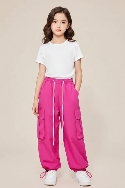 Pantalon Cargo Rose Fuchsia Ample Poches Fille - Polyester