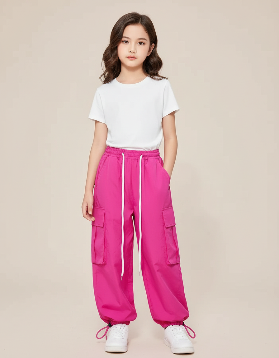 Pantalon Cargo Rose Fuchsia Ample Poches Fille - Polyester