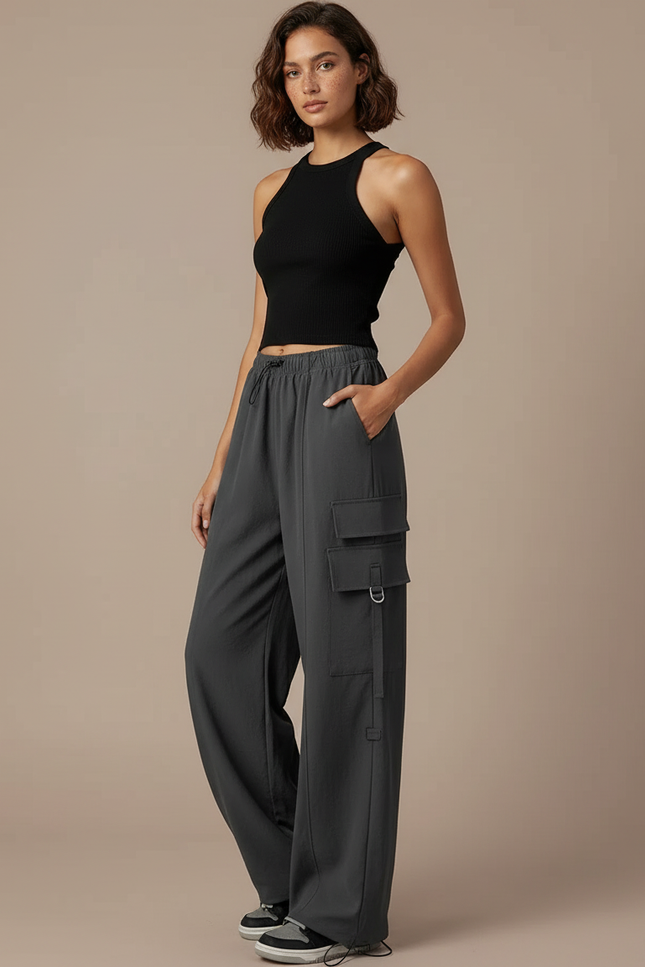 Pantalon Cargo Gris Fluide Large Multipoches Femme - Polyester