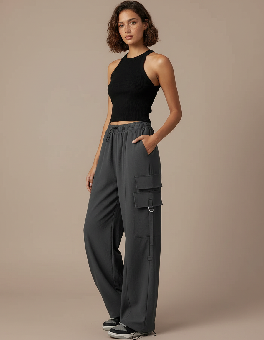 Pantalon Cargo Gris Fluide Large Multipoches Femme - Polyester