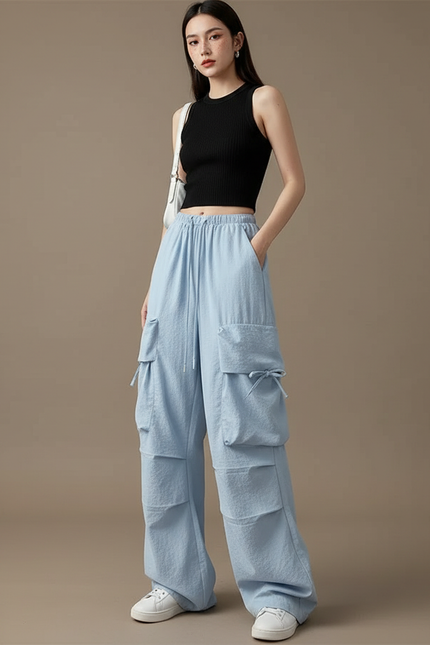 Pantalon Cargo Bleu Ample Multipoches Fluide Femme - Lin