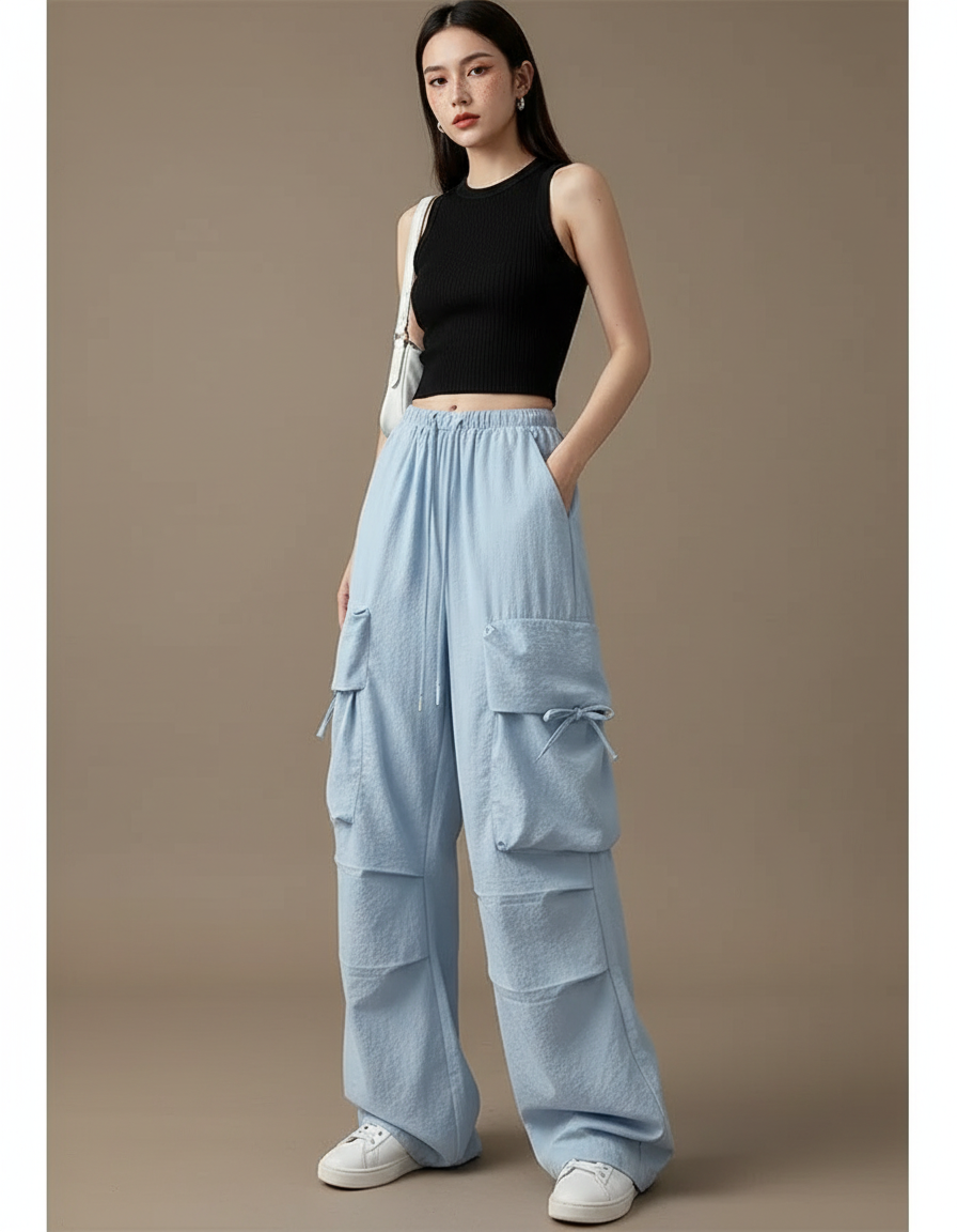 Pantalon Cargo Bleu Ample Multipoches Fluide Femme - Lin
