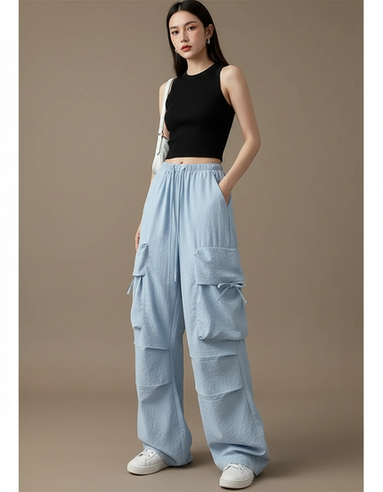 Pantalon Cargo Bleu Ample Multipoches Fluide Femme - Lin