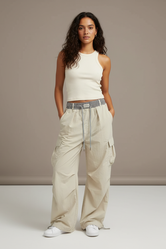 Pantalon Cargo Beige Ample Décontracté Streetwear Femme - Polyester
