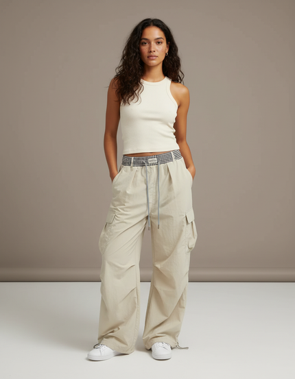 Pantalon Cargo Beige Ample Décontracté Streetwear Femme - Polyester