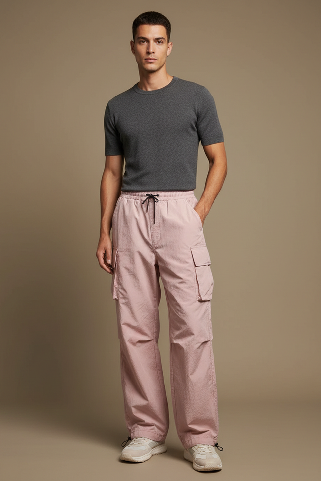 Pantalon Cargo Rose Ample Décontracté Cordon Homme - Polyester