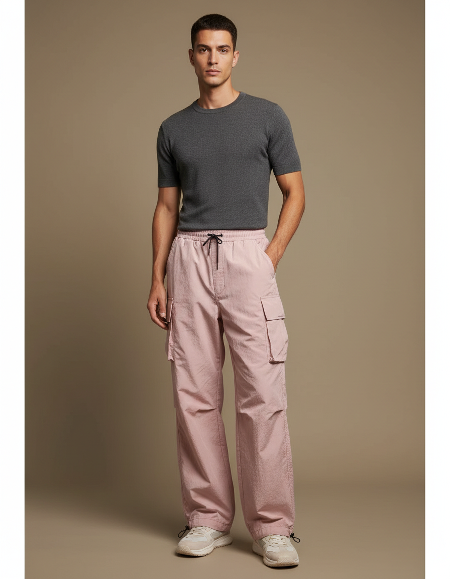 Pantalon Cargo Rose Ample Décontracté Cordon Homme - Polyester
