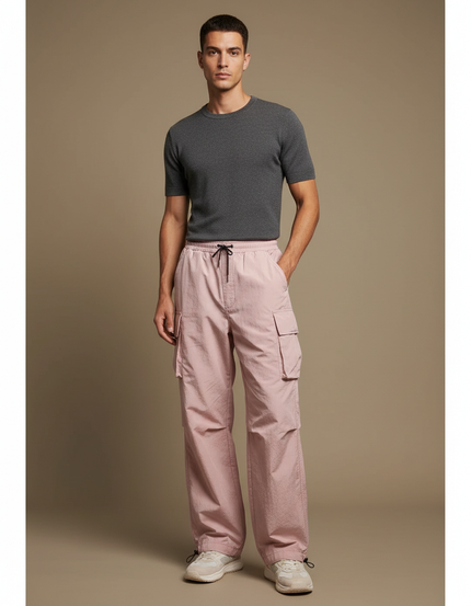 Pantalon Cargo Rose Ample Décontracté Cordon Homme - Polyester