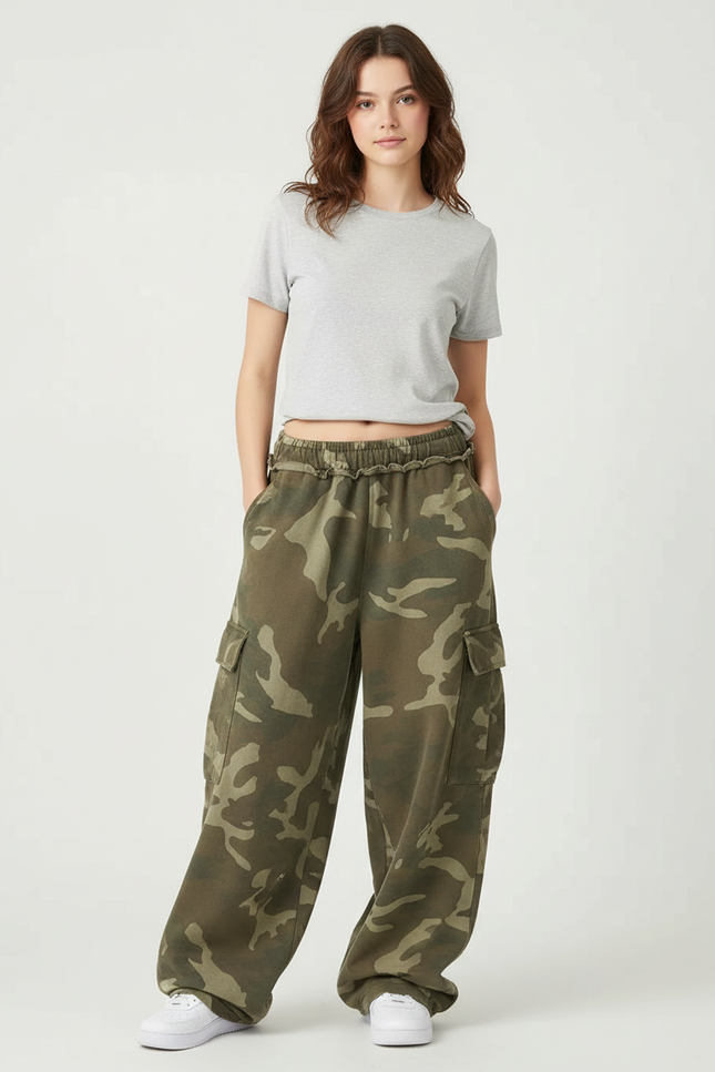 Pantalon Cargo Camouflage Ample Streetwear Vert - Kaki Molleton