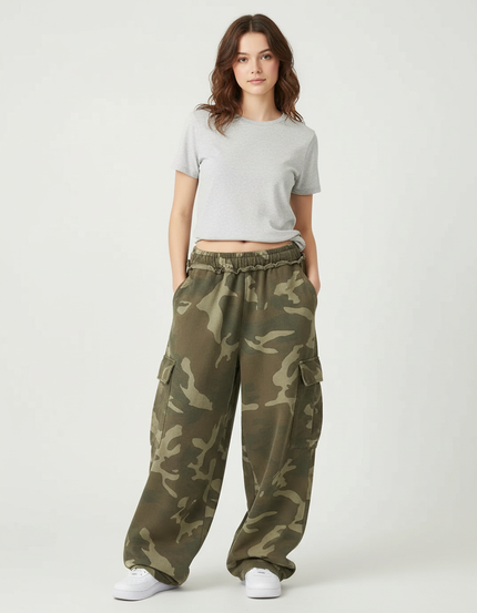 Pantalon Cargo Camouflage Ample Streetwear Vert - Kaki Molleton
