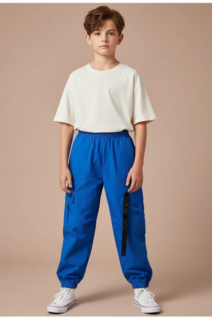 Pantalon Cargo Bleu Ample Poches Garçon Streetwear - Polyester