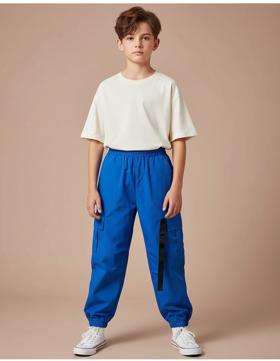 Pantalon Cargo Bleu Ample Poches Garçon Streetwear - Polyester