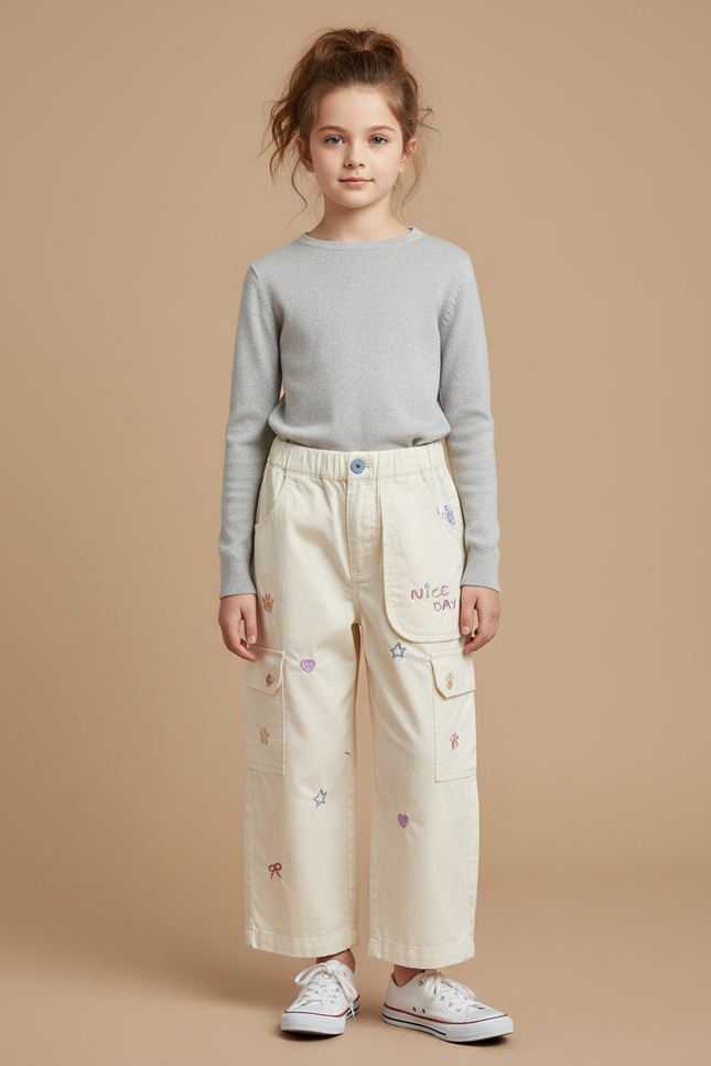 Pantalon Cargo Crème Brodé Ample Fille Enfants - Beige Toile