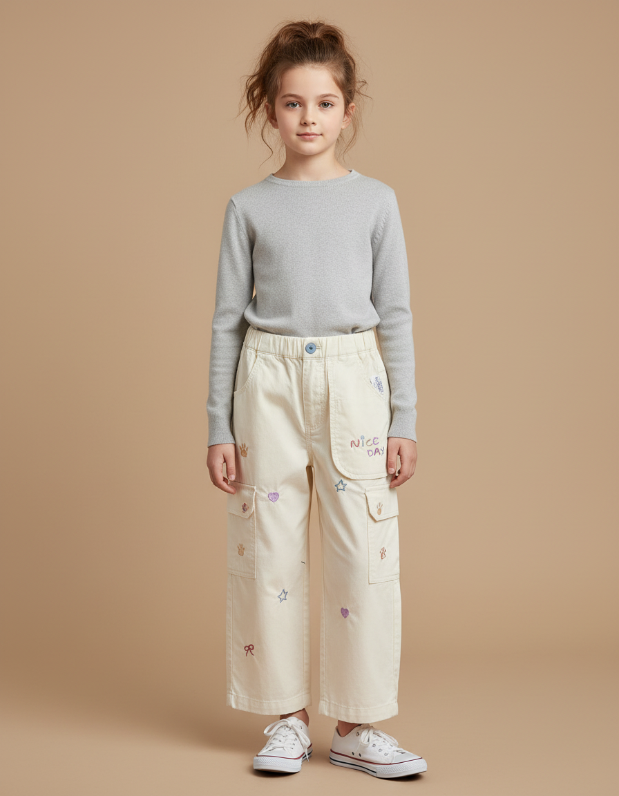 Pantalon Cargo Crème Brodé Ample Fille Enfants - Beige Toile