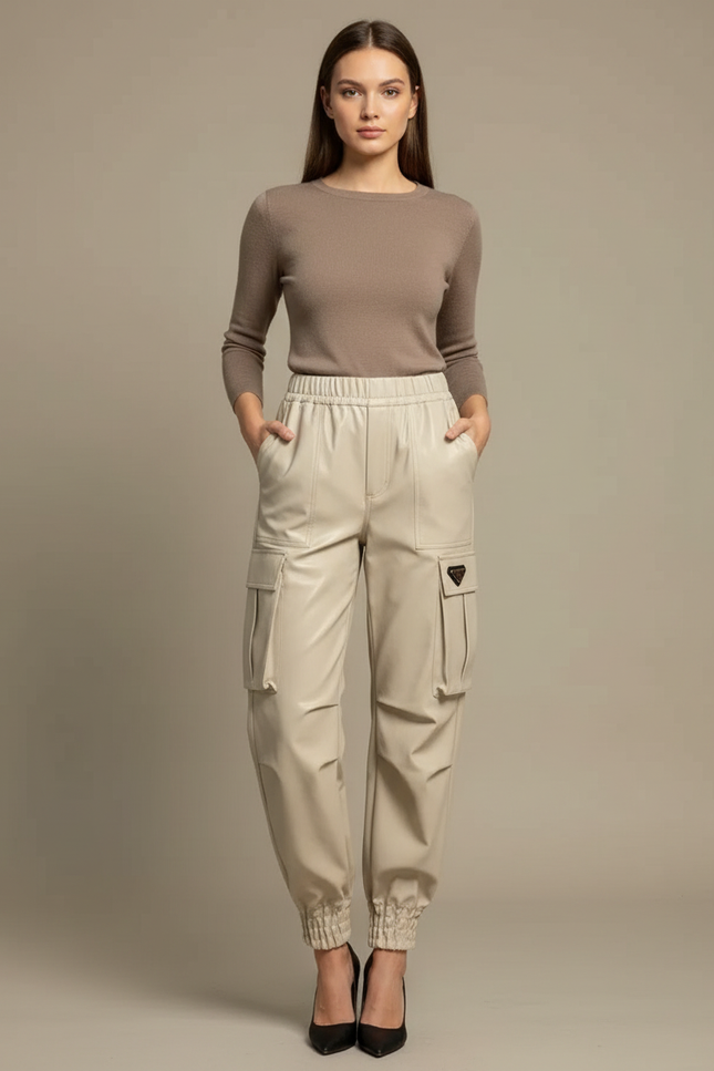 Pantalon Cargo Écru Similicuir Taille Haute Chevilles Élastiquées - Beige Simili cuir