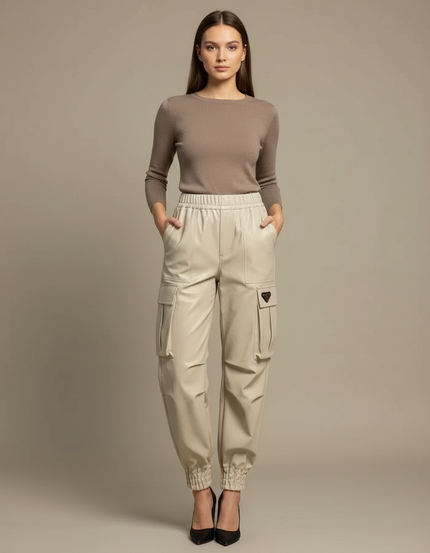 Pantalon Cargo Écru Similicuir Taille Haute Chevilles Élastiquées - Beige Simili cuir
