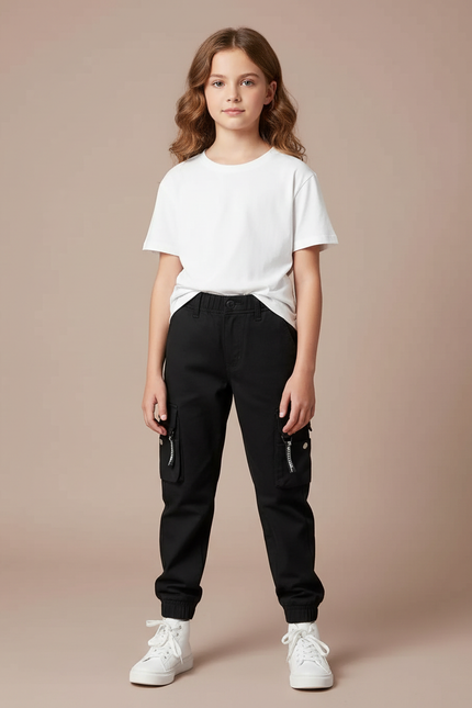 Pantalon Cargo Noir Fille Multipoches Zippées Décontracté - Toile