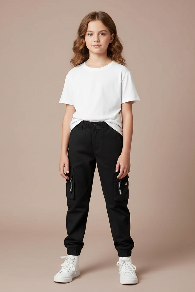 Pantalon Cargo Noir Fille Multipoches Zippées Décontracté - Toile