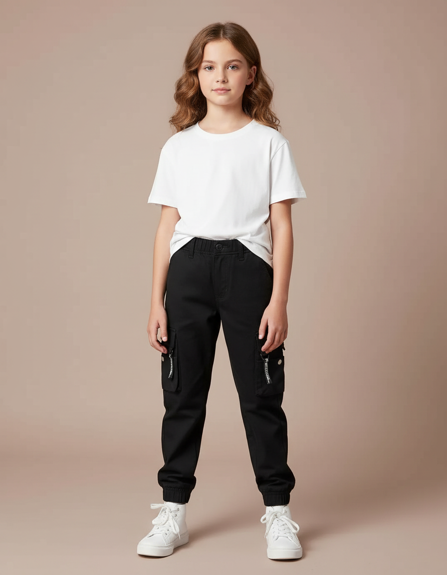 Pantalon Cargo Noir Fille Multipoches Zippées Décontracté - Toile